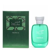 A green bottle of Rasasi Hawas for Him Tropical 100ml Eau De Parfum is displayed beside its matching patterned box.