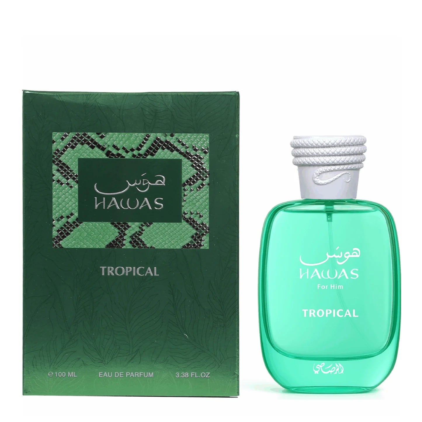 A green bottle of Rasasi Hawas for Him Tropical 100ml Eau De Parfum is displayed beside its matching patterned box.