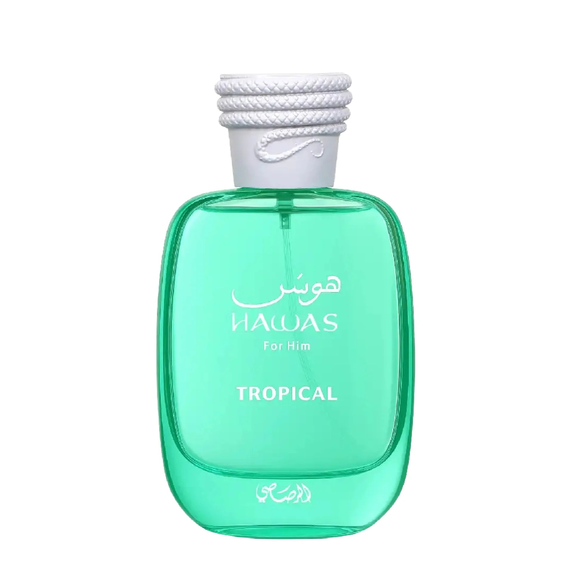 A green glass bottle of Rasasi Hawas for Him Tropical 100ml Eau De Parfum, with white text and a textured white cap, is shown against a plain white background.
