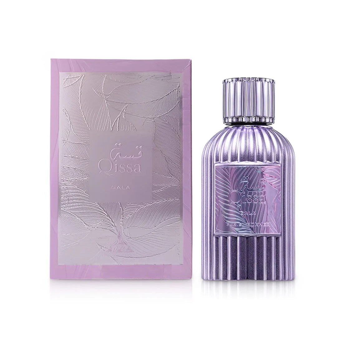 A metallic lavender bottle with vertical ridges sits beside an embossed box labeled "Qissa Gala," presenting the Paris Corner Qissa Gala 100ml Eau De Parfum—a unisex floral fruity gourmand fragrance by Paris Corner.