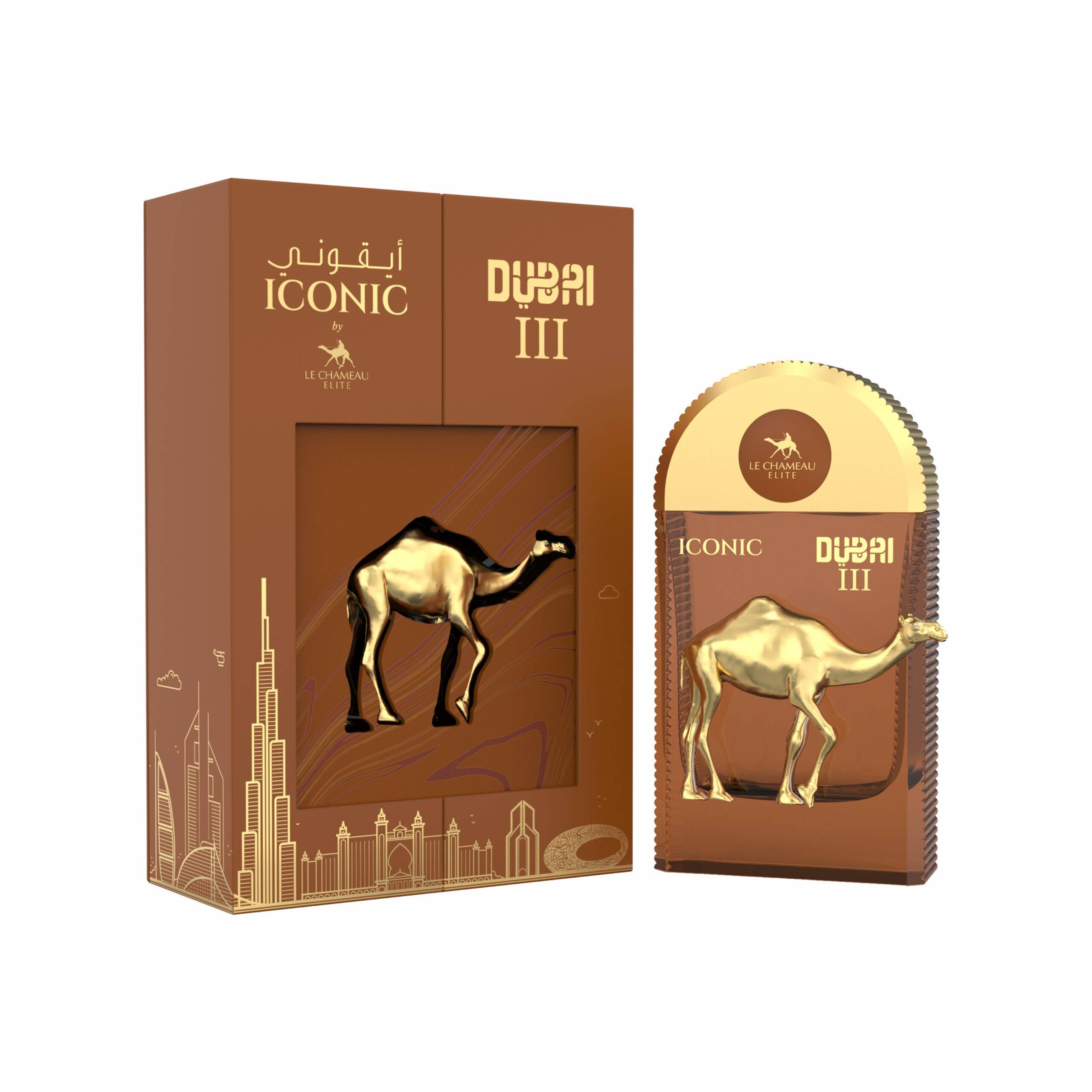 Le Chameau Iconic Dubai III 100ml EDP by Le Chameau is a striking unisex fragrance in a gold camel-themed bottle and box, adorned with gold cityscape and Arabic text accents.