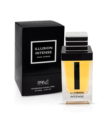 A bottle of Prive Prive Illusion Intense Pour Homme 100ml Eau De Parfum with yellow liquid, placed beside its black and white packaging box. The bottle has a black cap and a vertical black stripe on its front, making it an alluring fragrance for both men and women.