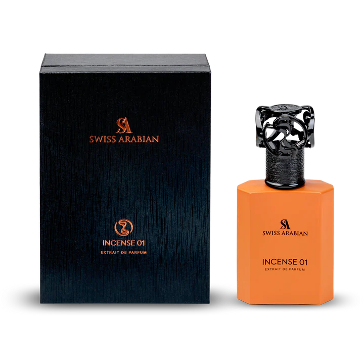 Swiss Arabian Incense 01 50ml Extrait De Parfum, a unisex fragrance, is shown beside its sleek black box packaging.