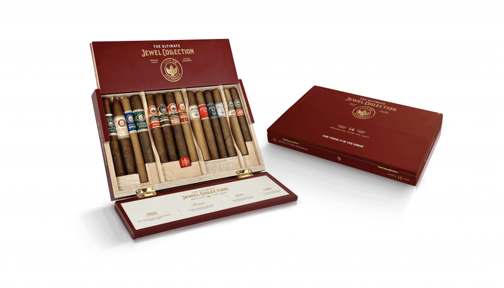 An open red box reveals the Joya de Nicaragua Limited Edition Ultimate Jewel Collection - 14 Cigars, each with labeled bands, beside a closed matching box on a white background.