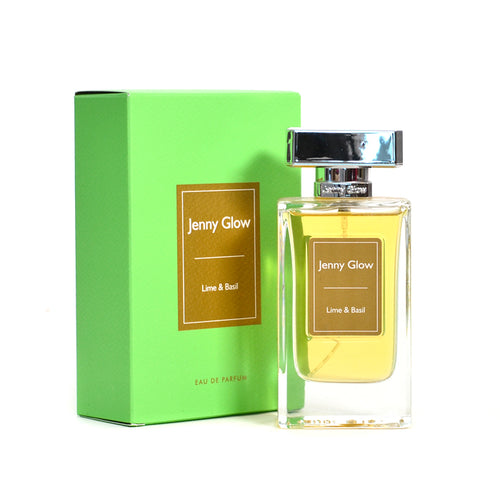 A bottle of Jenny Glow Lime & Basil 80ml Eau De Parfum, in front of a green box.
