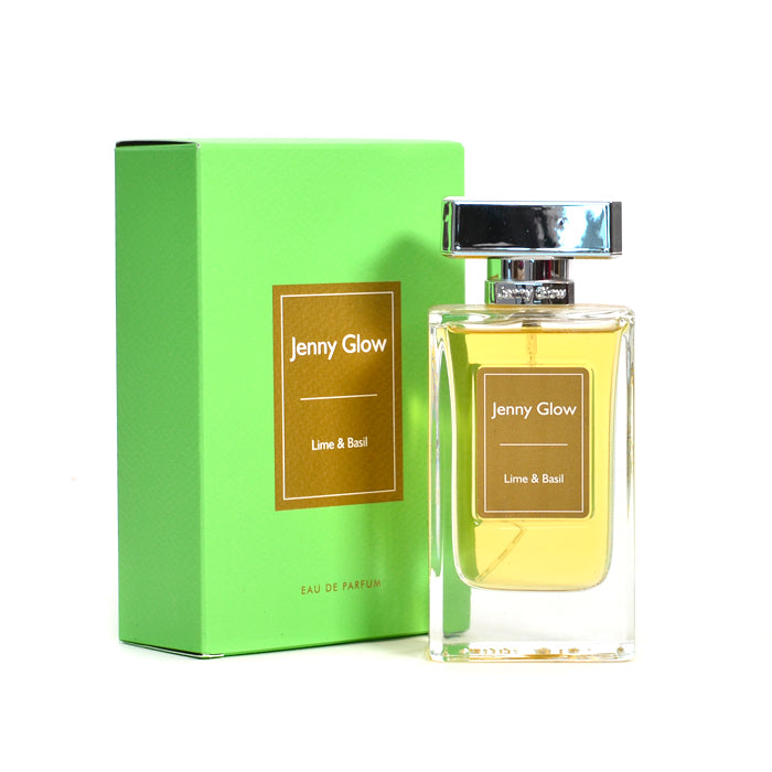 Load image into Gallery viewer, A bottle of Jenny Glow Lime &amp; Basil 80ml Eau De Parfum, in front of a green box.
