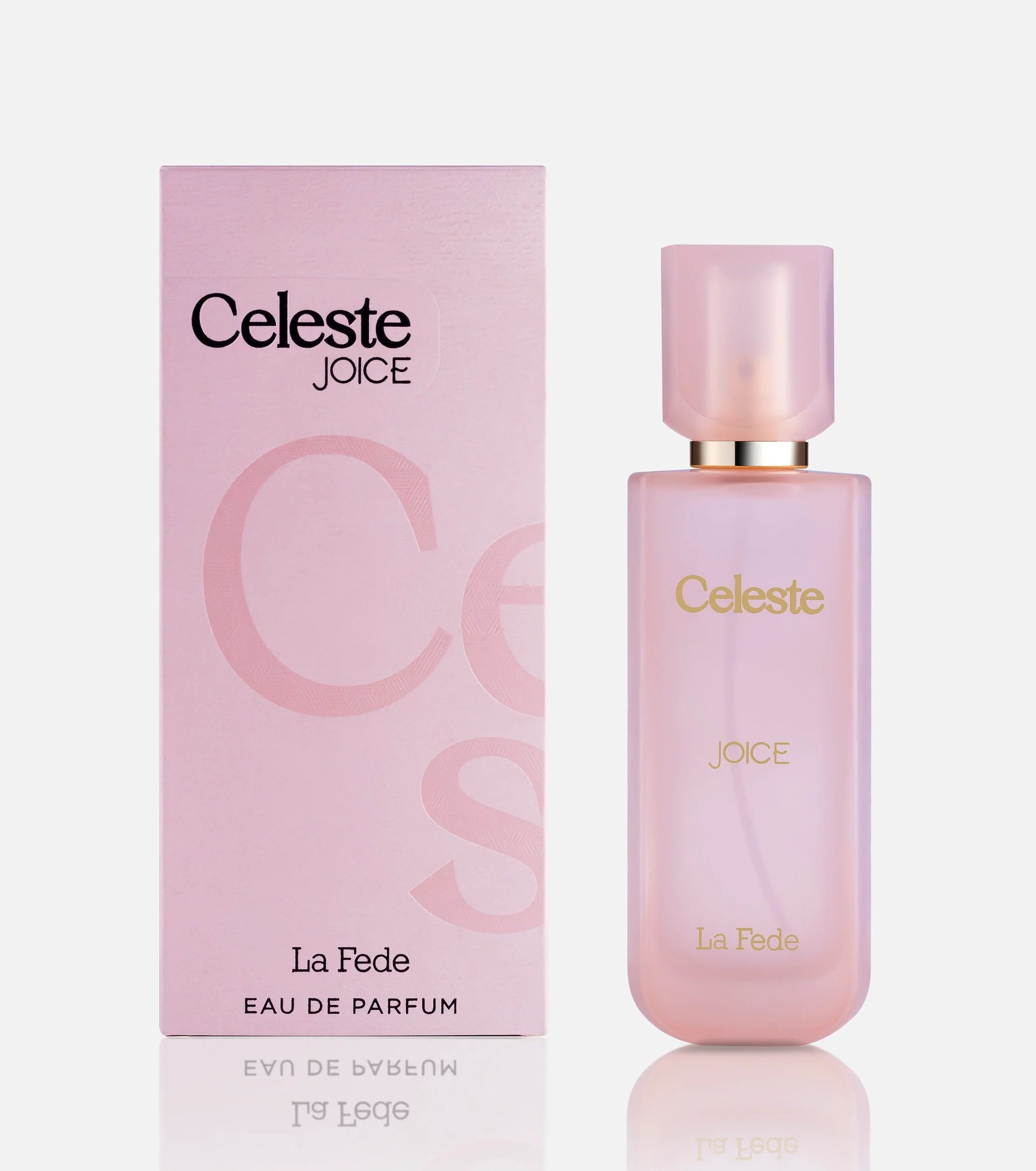 A pink box and matching bottle of Khadlaj Celeste Joice 100ml by Khadlaj are displayed side by side on a white background, showcasing this elegant unisex perfume.