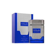 A 100ml bottle of Khadlaj Shiyaaka Blue Eau de Parfum sits beside its blue and white box with silver accents and Arabic text.