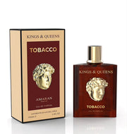 The Amaran Kings & Queens Tobacco 100ml EDP features a brown bottle and box with gold-embossed face designs, both labeled "KINGS & QUEENS TOBACCO." This unisex fragrance is by Amaran.