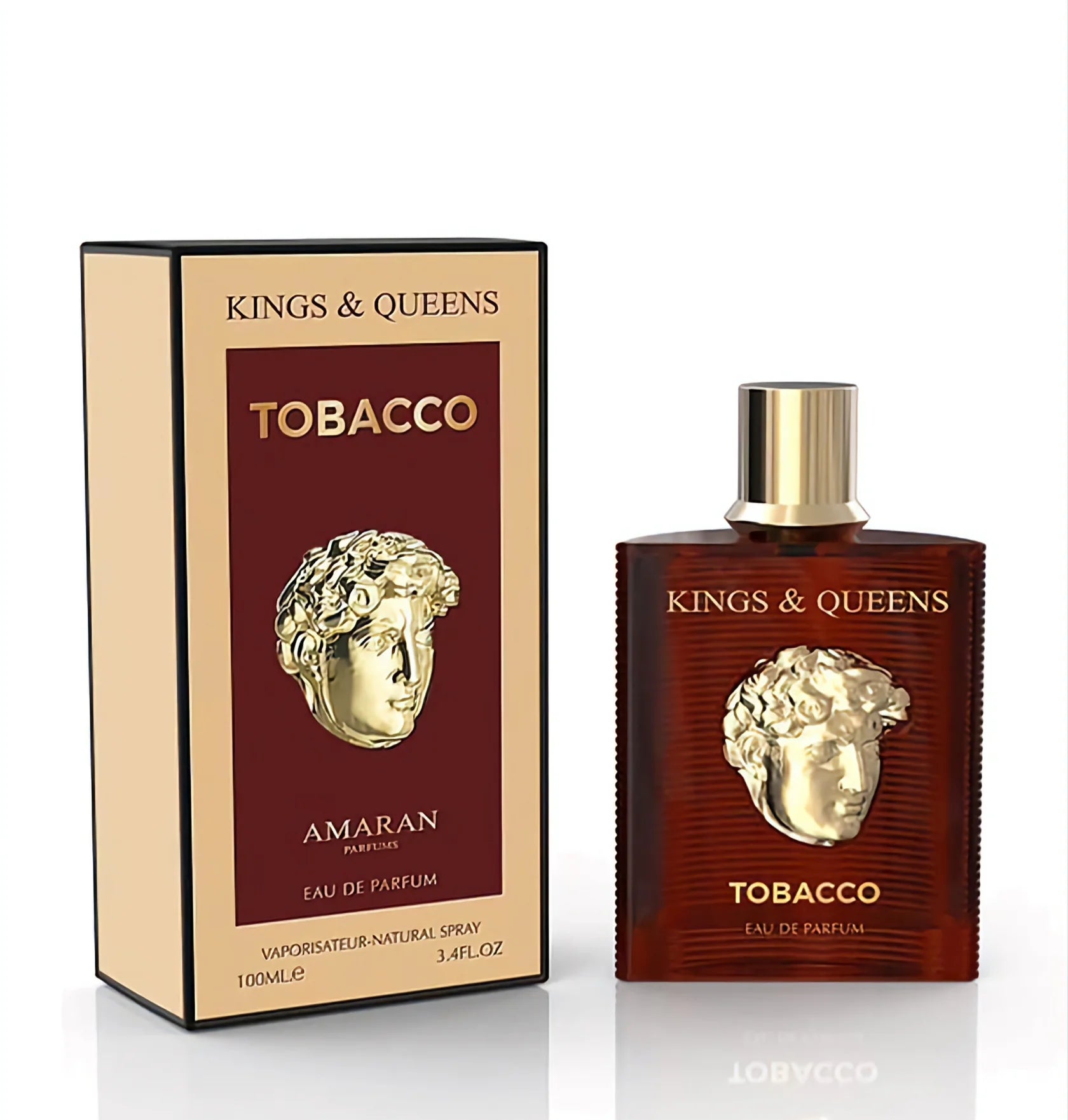 The Amaran Kings & Queens Tobacco 100ml EDP features a brown bottle and box with gold-embossed face designs, both labeled "KINGS & QUEENS TOBACCO." This unisex fragrance is by Amaran.