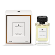 Swiss Arabian Leather and Oud 100ml Eau De Parfum is displayed beside its elegant white and gold box. This luxurious Swiss Arabian fragrance comes in a 100ml (3.4 fl. oz.) bottle.