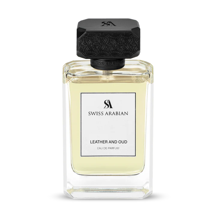 A clear glass bottle of Swiss Arabian Leather and Oud 100ml Eau De Parfum features a black cap and white front label, reflecting the sophisticated essence of Swiss Arabian.