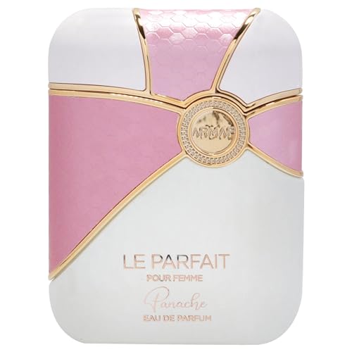 The Armaf Le Parfait Panache Pour Femme 100ml EDT by Armaf comes in a white and pink bottle with gold accents and a decorative emblem, reflecting the luxurious fragrance inside.