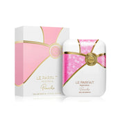 A white and pink Armaf Le Parfait Panache Pour Femme 100ml EDT bottle sits beside its matching gold-accented box, highlighting this elegant women’s fragrance from Armaf.