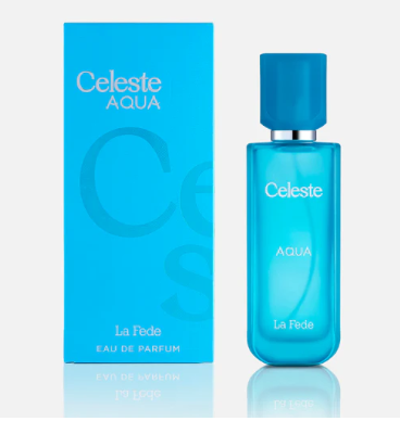 A blue bottle of Khadlaj Celeste Aqua 100ml EDP is displayed next to its matching box, both labeled with the product name—a versatile unisex fragrance by Khadlaj.