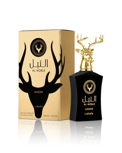 A bottle of Lattafa Ameer Al Noble 100ml Eau De Parfum from the luxurious Mason Alhambra line with a deer on it.