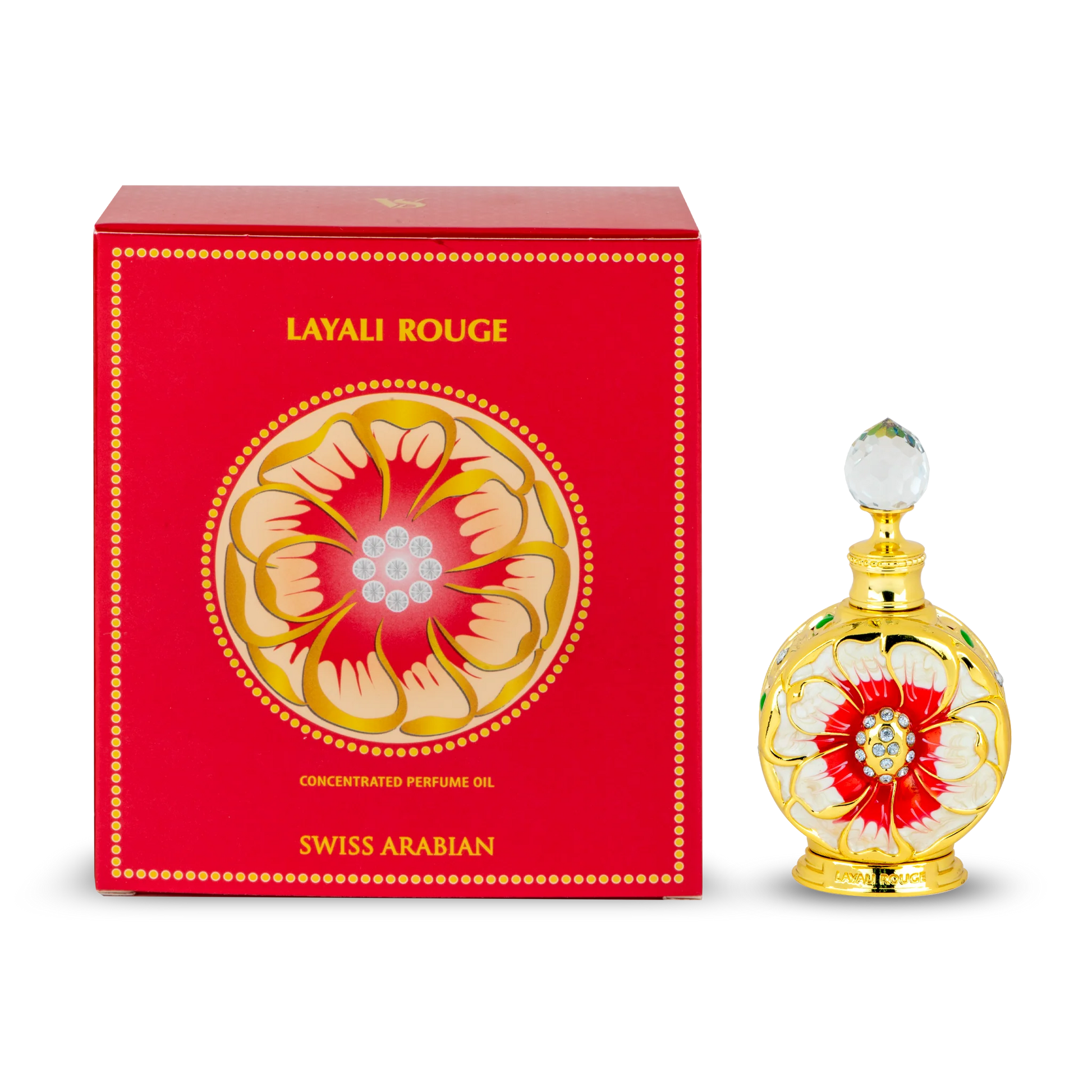 A red box labeled "Swiss Arabian Layali Rouge 20ml Concentrated Perfume Oil" sits next to an ornate gold and red bottle with a clear round cap, highlighting this fruity floral scent by Swiss Arabian.