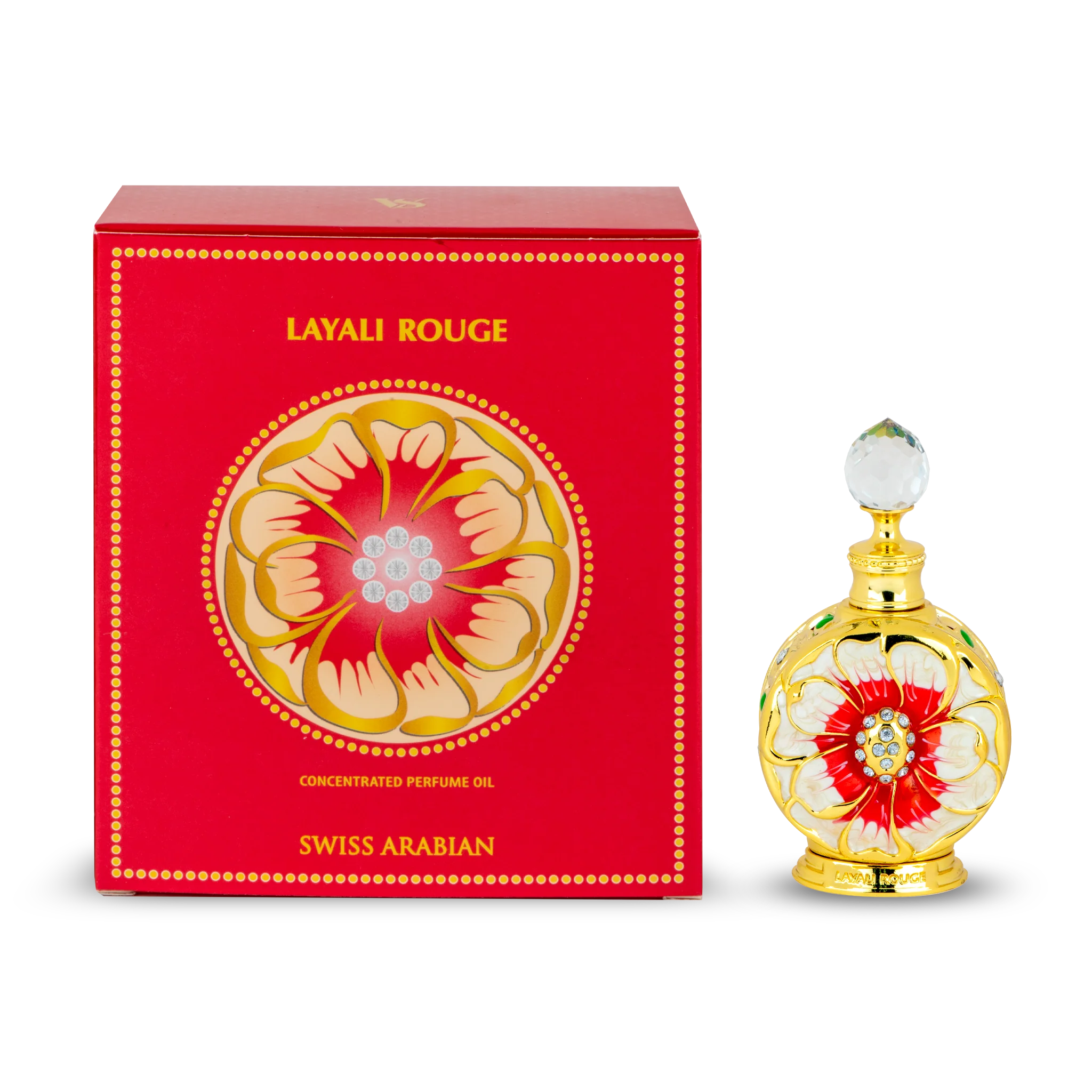 A red box labeled "Swiss Arabian Layali Rouge 20ml Concentrated Perfume Oil" sits next to an ornate gold and red bottle with a clear round cap, highlighting this fruity floral scent by Swiss Arabian.