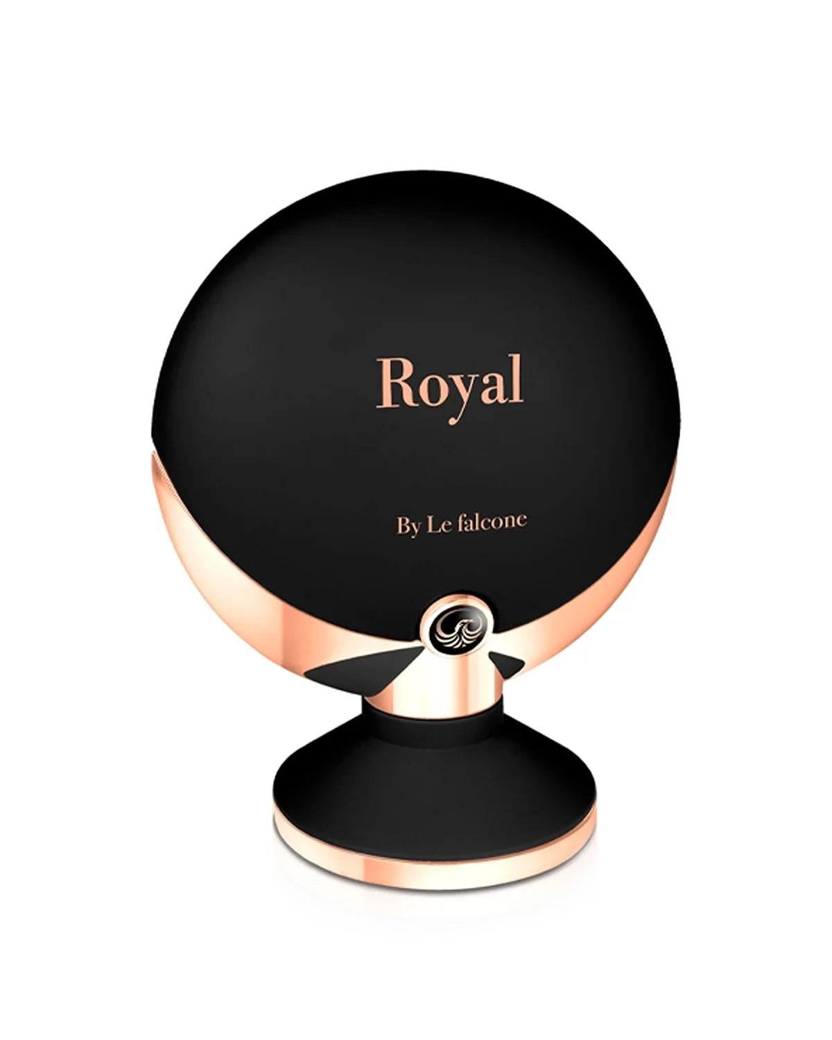 A round black and gold bottle labeled "Le Falcone Royal 100ml Eau De Parfum" sits on a matching base, presenting a luxurious unisex fragrance by Le Falcone.