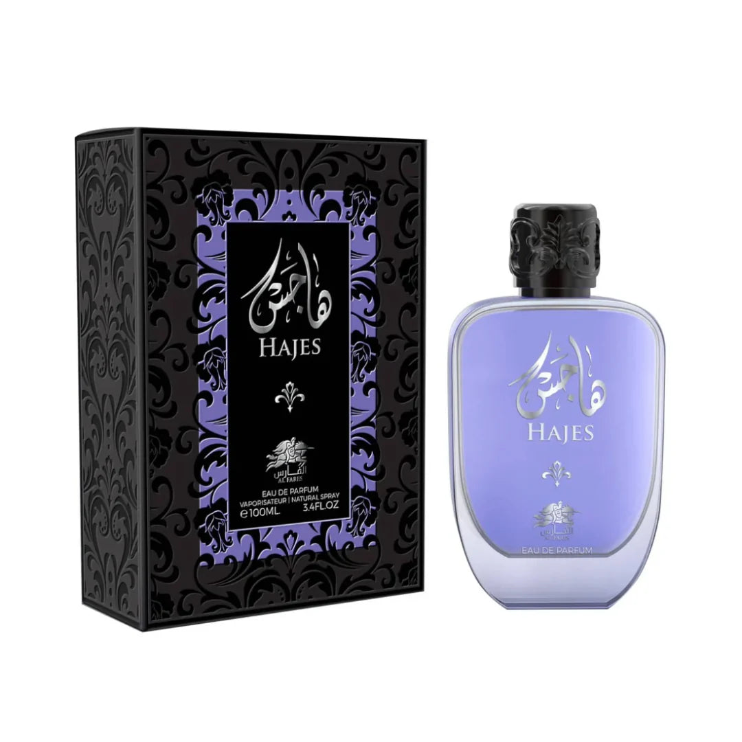 Al Fares Hajes 100ml EDP features a purple liquid in a stylish bottle beside its matching black and purple box. Both display the Al Fares brand name and product details in Arabic and English, perfect for men and women.