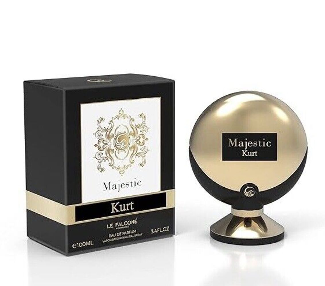 A black and gold Milestone perfume box labeled "Majestic Kurt Le Falcone 100ml EDP" sits next to its matching round bottle—an elegant unisex Eau De Parfum.