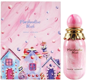 A pink Lattafa Paris Corner Marshmallow Blush 100ml Eau De Parfum bottle sits next to a pastel box with candy-house designs and matching name, evoking the playful and sweet essence of this fragrance.