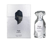 A silver Marwa Arabiyat Prestige 100ml EDP perfume bottle with geometric design stands by its matching box, both labeled in English and Arabic, offering a Citrus Aromatic unisex fragrance.