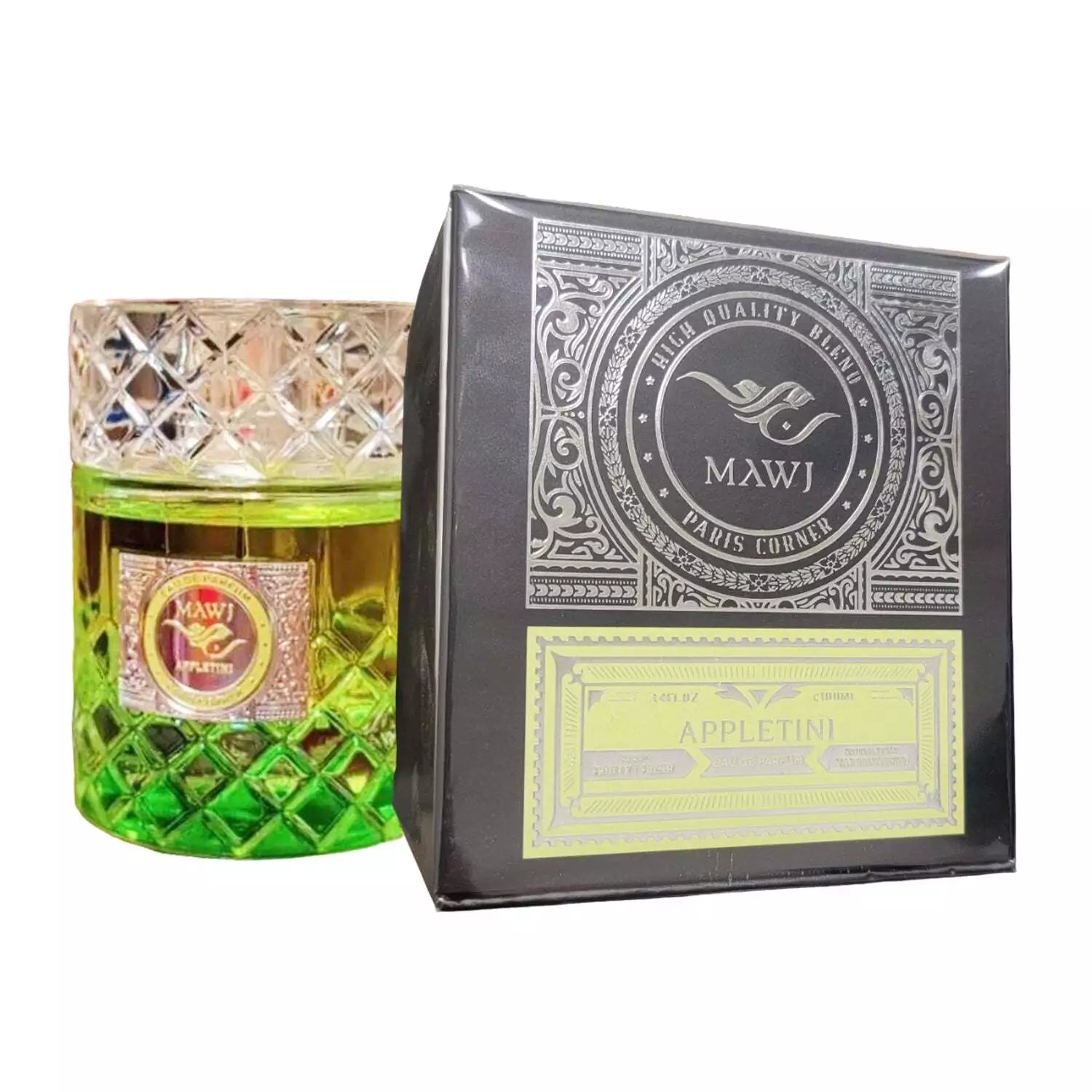 A 100ml glass bottle of Paris Corner Mawj Appletini Eau De Parfum by Rio Perfumes, featuring green liquid, is displayed next to its black and yellow box—an invigorating unisex fragrance.