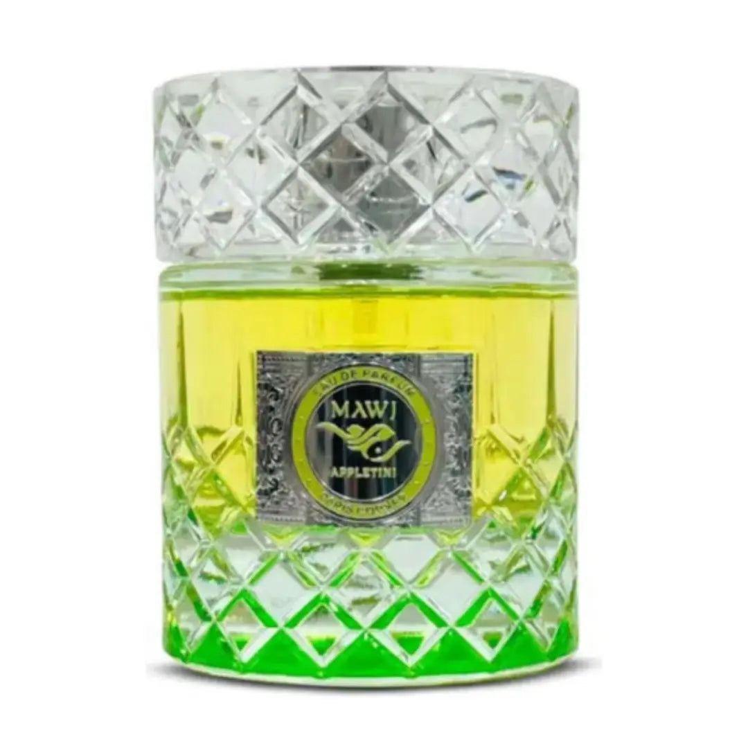 Paris Corner Mawj Appletini 100ml Eau De Parfum by Rio Perfumes features a clear, patterned glass bottle with yellow-green liquid and a silver "Mawj Appletini" label—a vibrant unisex fragrance.