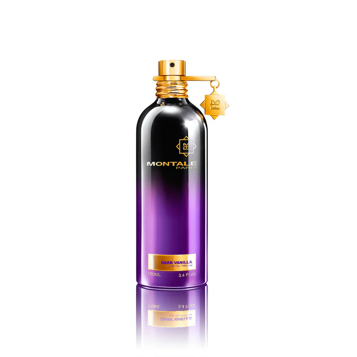 The Montale Paris Dark Vanilla 100ml Eau De Parfum bottle features a purple gradient with gold accents and a logo charm, offering a unisex fragrance reminiscent of Sensual Instinct.
