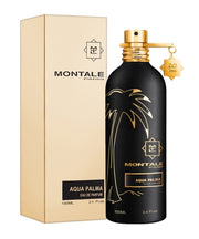 A Montale Paris Aqua Palma 100ml Eau De Parfum in a black bottle with a palm tree design sits next to its beige box, both displaying the Montale logo. This unisex scent, offering notes of dark vanilla, adds an elegant touch.