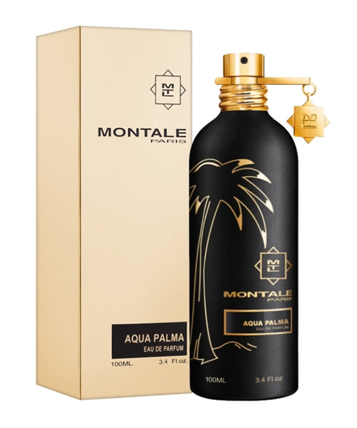 A Montale Paris Aqua Palma 100ml Eau De Parfum in a black bottle with a palm tree design sits next to its beige box, both displaying the Montale logo. This unisex scent, offering notes of dark vanilla, adds an elegant touch.