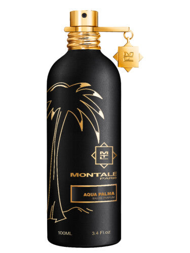 The Montale Paris Aqua Palma 100ml Eau De Parfum, with a black and gold bottle featuring a palm tree design and a luxurious gold cap, offers hints of Oriental Vanilla fragrance.