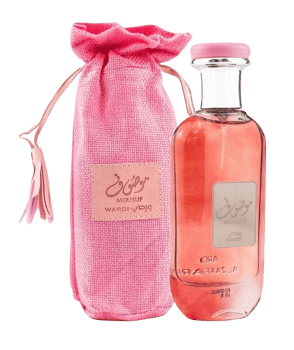 A bottle of Ard Al Zaafaran Mousuf Wardi 100ml Eau De Parfum with a matching pink drawstring bag.