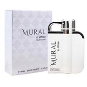 The "Mural in White" 100ml Eau De Toilette for men by Mural De Ruitz features a minimalist design with chrome accents in its bottle and box.