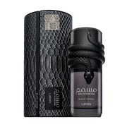 Lattafa Musamam Black Intense 100ml EDP by Lattafa features a striking black bottle with a snake-shaped cap, presented beside its textured black box—a bold unisex fragrance with standout design.