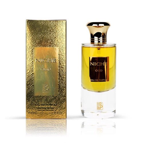 A bottle of Rio Perfumes' Niche Oud 80ml Eau De Parfum for men next to its golden textured packaging box on a white background.