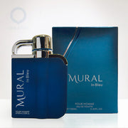 A blue bottle of Orientica Mural De Ruitz In Blue 100ml EDT, a captivating men's fragrance, is displayed beside its matching blue box.