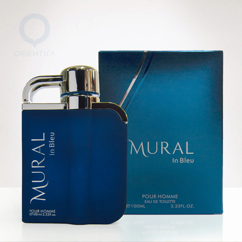 A blue bottle of Orientica Mural De Ruitz In Blue 100ml EDT, a captivating men's fragrance, is displayed beside its matching blue box.