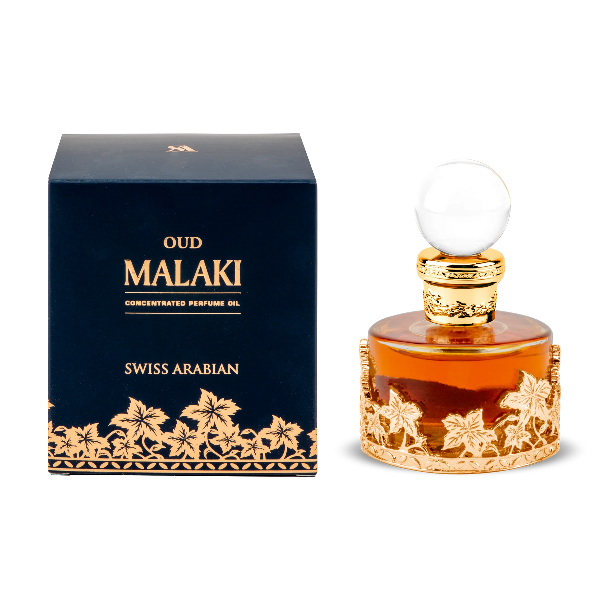 A 12ml bottle of Swiss Arabian Oud Malaki oil with a gold base sits beside its stylish dark blue and gold packaging.