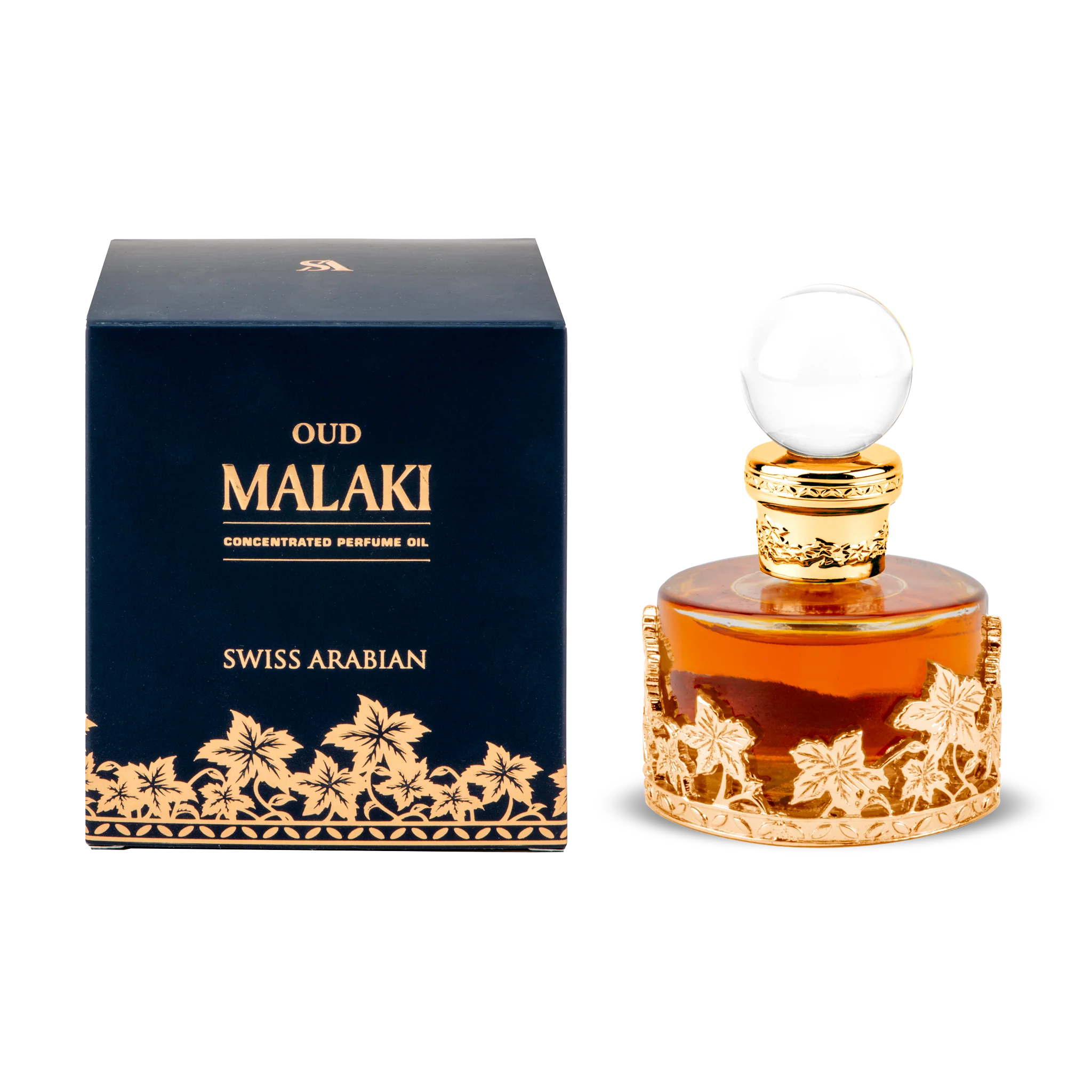 A 12ml bottle of Swiss Arabian Oud Malaki oil with a gold base sits beside its stylish dark blue and gold packaging.