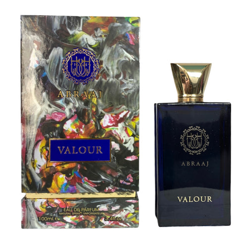Box and bottle of Dubai Perfumes Paris Corner Abraaj Valour 100ml Eau de Parfum for Women against a white background.
