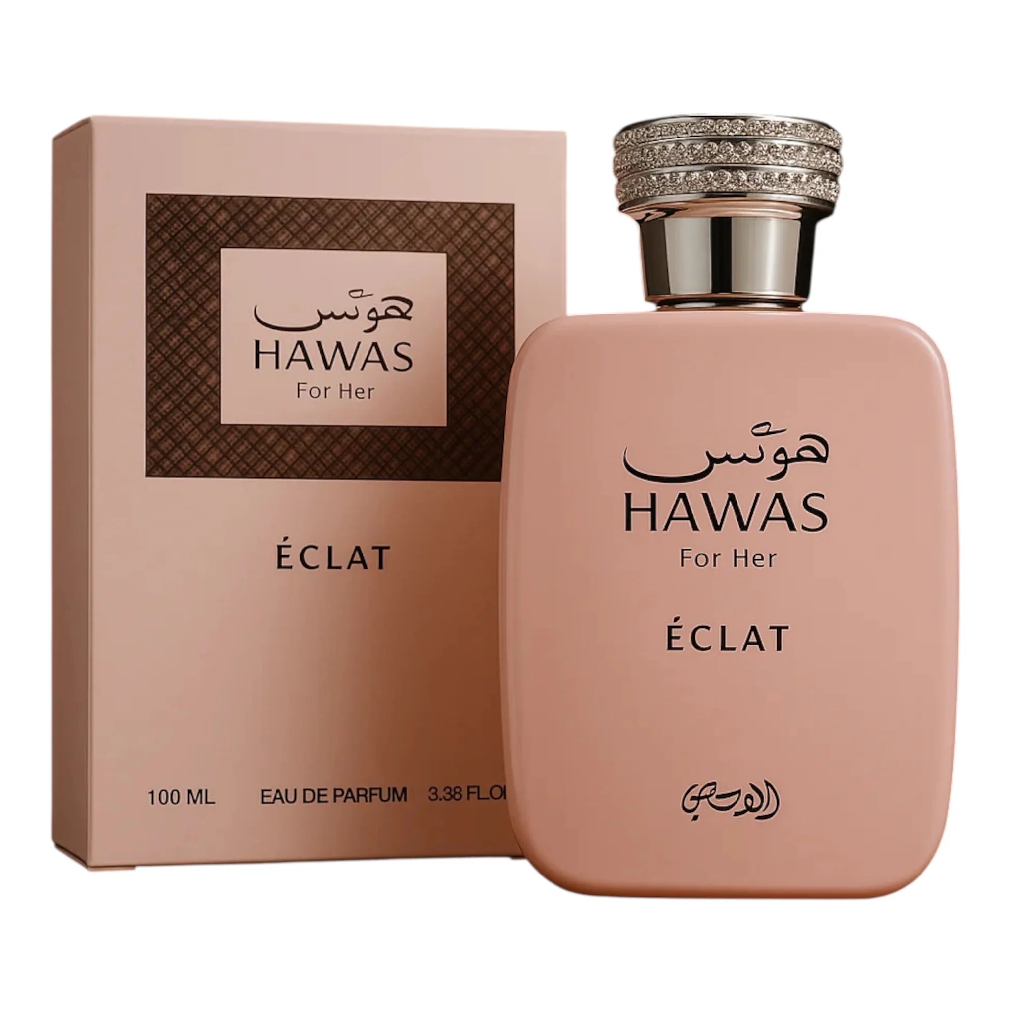 A pink bottle of Rasasi Hawas Eclat for her 100ml EDP is displayed beside its matching box, both with English and Arabic text, reflecting the modern oriental floral scent of this Rasasi fragrance.