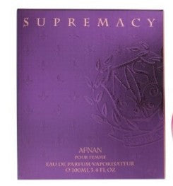 A purple box labeled "SUPREMACY" at the top, with "Afnan Supremacy Purple 90ml EDP" in gold below—a luxurious women's fragrance by Afnan.