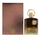 A brown and gold bottle of Afnan Supremacy in Oud 100ml Extrait de Parfum is shown next to its matching box.