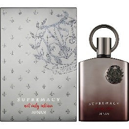 A 100ml bottle of Afnan Supremacy Not Only Intense Extrait de Parfum by Afnan sits beside its patterned silver box with a crest—a bold unisex fragrance.