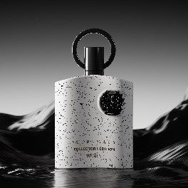 Afnan Supremacy Collectors Edition 100ml EDP, a unique men's fragrance by Afnan, is showcased in a white speckled bottle with a circular black cap against a grayscale wavy background.
