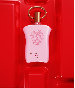 A 90ml pink Afnan Supremacy Gala Eau De Parfum for women, featuring a gold cap and "SUPREMACY LOVE" label, is displayed against a glossy red background.