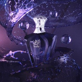 Afnan Turathi Homme Blue 90ml Eau De Parfum by Afnan features a dark, faceted bottle with a silver cap, set against a swirling purple liquid and bubble backdrop, evoking its bold masculine scent.