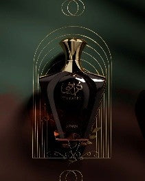 Afnan Turathi Homme Brown 90ml Eau De Parfum for men features a dark glass bottle with gold accents and Arabic script, set against a dark background with geometric gold lines, highlighting this luxurious fragrance from Afnan.